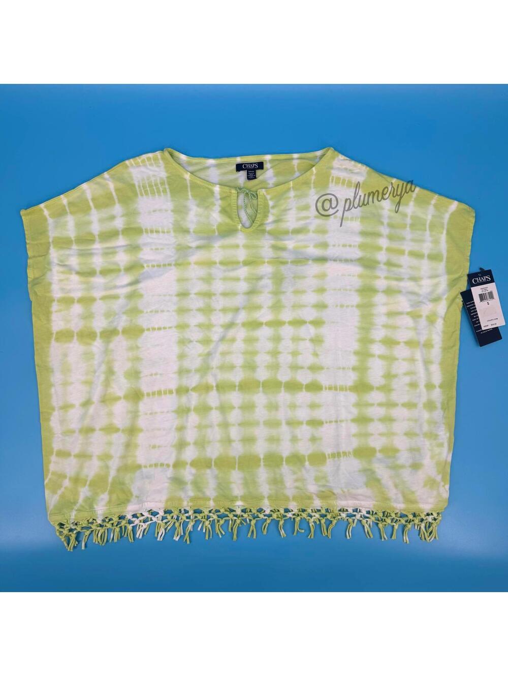 Chaps by Ralph Lauren Womens Green White Tie-Dye Fringe Tee Tunic Top Size S NWT